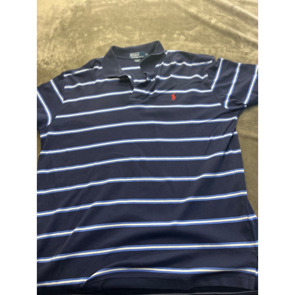 Polo Ralph Lauren Mens XL Navy Blue Striped Short Sleeve Cotton Polo Shirt 4592